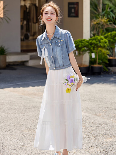 
XAE luxury high-end brand short-sleeved dress for women 2025 summer new fashionable and fashionable age-reducing denim suit skirt picture color L [Suggested 115-125Jin [Jin equals 0.5 kg]]