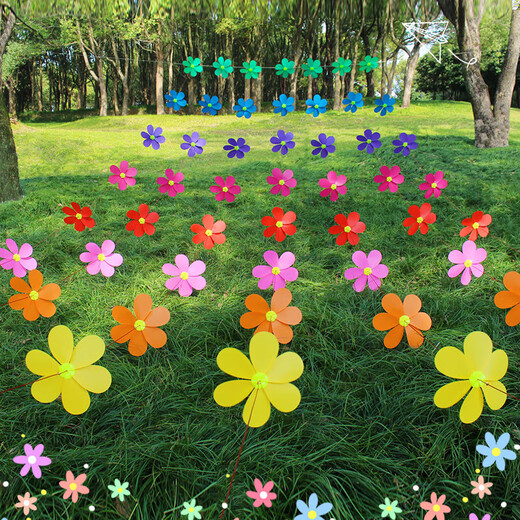 Colorful windmill string outdoor decoration color rotating hanging finished flower scenic area kindergarten layout props finished yellow flower windmill 10 packs plus wire