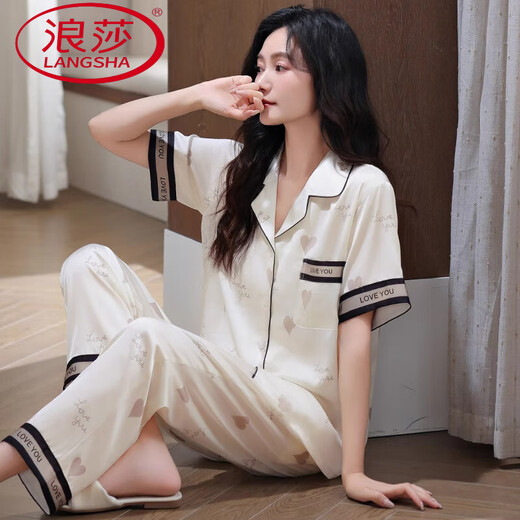 
LangSha silk pajamas for women in summer short-sleeved trousers set for summer thin 2025 new ice silk high-end home clothing 6626 XL (120-140Jin [Jin equals 0.5 kg])