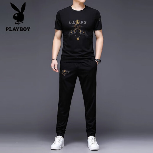 
Playboy high-end summer short-sleeved suit men's mulberry silk screen printed T-shirt fashion Korean style fashion casual sports two-piece set 9227 black 4XL 190