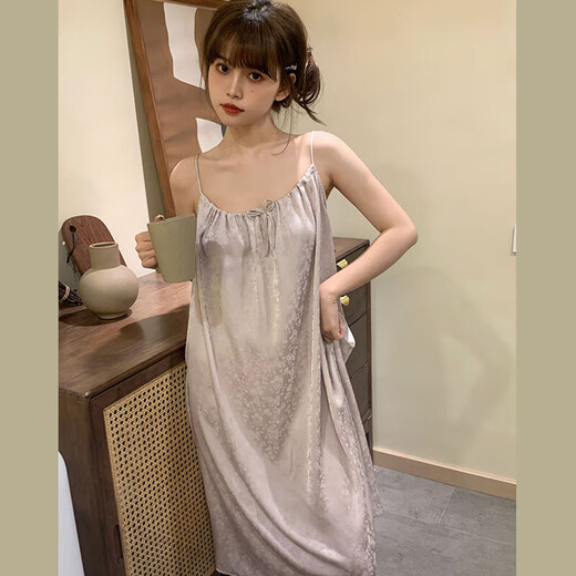 金多金2025春夏新款小清新露背甜美减龄吊带睡裙女宽松少女性感睡衣纯欲 浅紫色（9197—抽绳背心裙） 均码