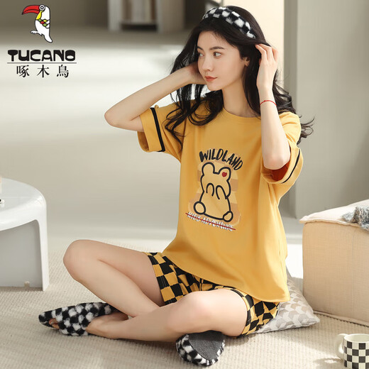 TUCANO; Woodpecker Summer Women's Short Sleeve Cotton Plaid Pajama Set Summer Pure Korean Style Home Clothes Can Be Cartoons Outside Y9858 M (Suggested 75-95Jin [Jin equals 0.5 kg])