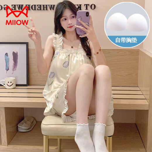 猫人（MiiOW）睡裙女夏季自带胸垫冰丝凉感吊带睡衣夏天女士甜美可爱家居服春秋 3888不可拆胸垫】 M 75-100斤】