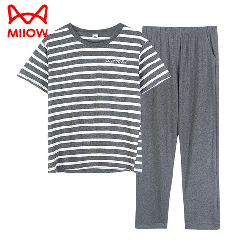 Catman (Miiow) Sommerpyjamas für Frauen reine Baumwollstreifen kurzärmelige Hosen Dünne Sommer-neue Stil können mit Pullover Rund Hals Home-Kleidung 7374 Bohnenpaste Pulver L [100-120jin [Jin gleich 0,5 kg]] getragen werden.]