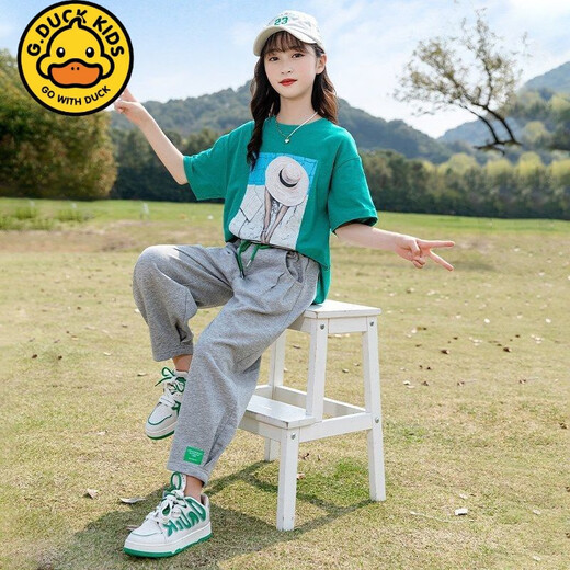 G.DUCKKIDS小黄鸭女童夏装套装时尚洋气儿童女大童夏季12到15岁时髦女孩两件 绿色 上衣+灰色裤子677 160