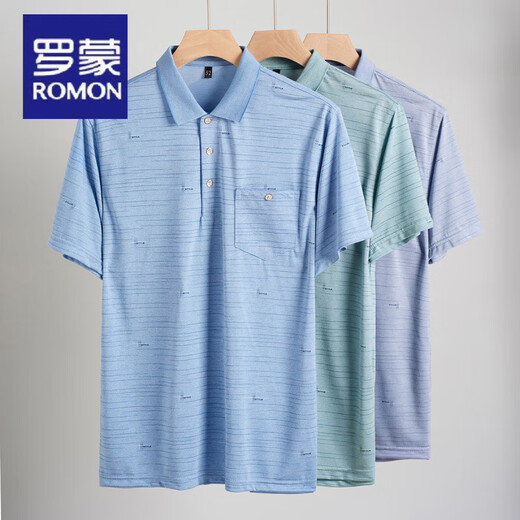 罗蒙（ROMON）爸爸装翻领冰丝短袖T恤中年男士休闲体恤中老年薄款POLO衫夏季衣T 冰丝-9923 蓝色 真口袋 M 48/165