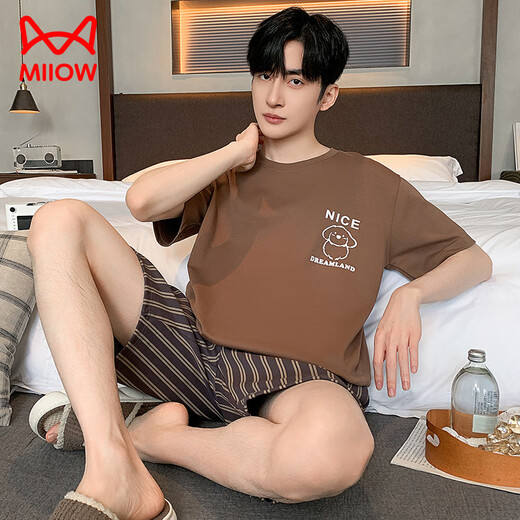 
Cat Man (MiiOW) Summer Men's Pajamas Imitation Cotton Pull-up Short Sleeve Shorts Casual Large Size Teenagers Can Wear Thin Home Clothing Men A3523 L