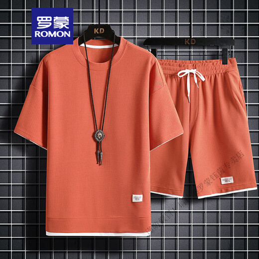 
ROMON heavyweight waffle short-sleeved T-shirt men's summer loose large-size sports shorts suit work clothes round neck breathable 829 khaki [set] XL 135-150Jin [Jin equals 0.5 kg]