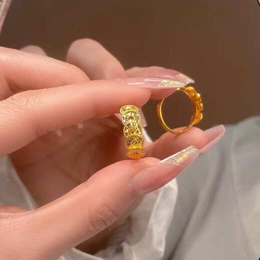 BJYL gold five emperors money ring women niche ins broken ice index finger ring live mouth tail ring birthday gift for girlfriend broken gold five coin ring