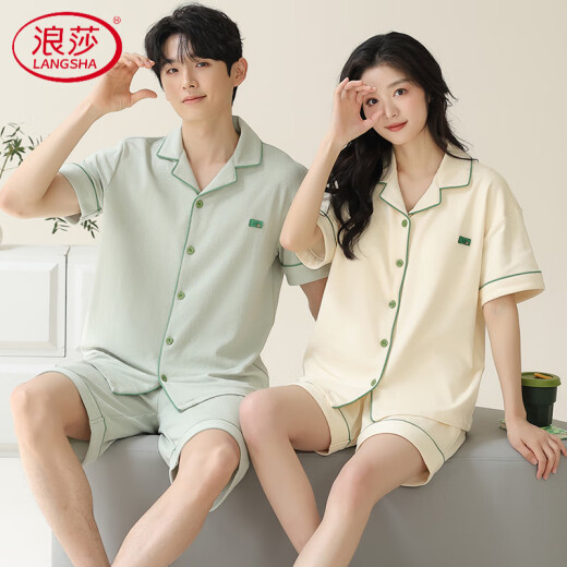 浪莎（LangSha）高档情侣睡衣纯棉短袖短裤简约开衫可外穿男士女款棉家居服夏天 X12703-12803# M 女款