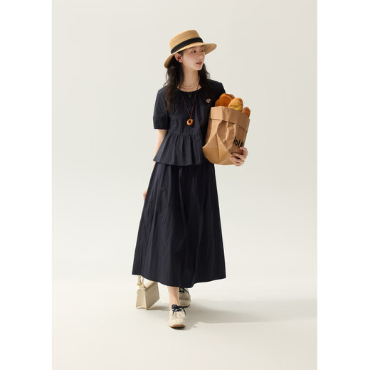 Zihan (ZIHAN) Zihan Japanese simple round neck short-sleeved top high-waisted a-line skirt two-piece suit for women 2025 summer new style Navy L