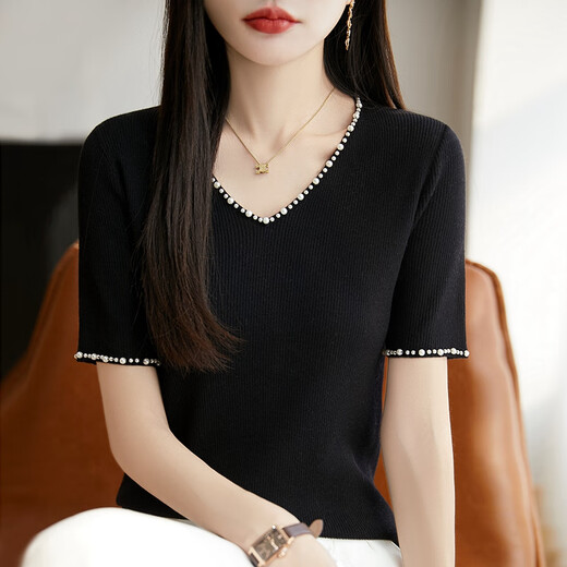 黎依奴（LISLAVE）2025夏季精仿薄款法式V领时尚钉珠短袖针织衫女气质显瘦T恤打底衫 黑色 JXWYTZ2575 M
