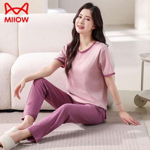Catman (Miiow) Sommerpyjamas für Frauen reine Baumwollstreifen kurzärmelige Hosen Dünne Sommer-neue Stil können mit Pullover Rund Hals Home-Kleidung 7374 Bohnenpaste Pulver L [100-120jin [Jin gleich 0,5 kg]] getragen werden.]