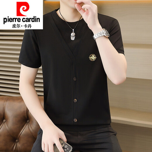 Pierre cardin summer ice silk knitted fake two-piece short-sleeved T-shirt men's Korean style slim and cool and thin half-sleeved T-shirt top 6626 khaki M 90-110Jin [Jin equals 0.5 kg]