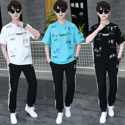 Ruibanglai Summer Teen Short-Sleeved T-Shirt Boy 13-15 Years Old High School Junior High School Students Big Children Summer Clothing Handsome Sports Set xsd-t9226 White and Blue (Top + Pants) XL 115 to 130Jin [Jin equals 0.5 kg]
