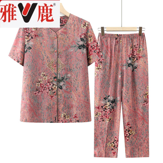 雅鹿奶奶夏装纯棉绸套装中老年人短袖开衫女妈妈居家服老太太开衫睡衣 687#粉色【套装】 XL 【建议80-100斤】