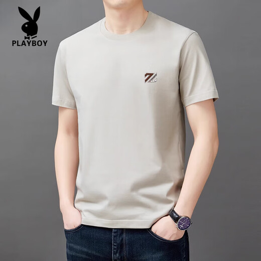 花花公子（PLAYBOY）纯棉短袖t恤男士夏季新薄款半袖上衣休闲潮流凉感t恤男装舒适 YS9921灰色 均码 105【90-110斤】