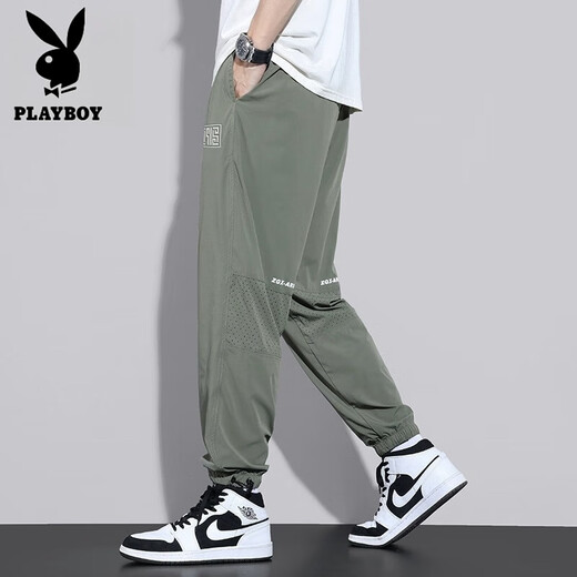 PLAYBOY Pantallas de pantalones hombres 2025 Summer New Ice Silk Casual Fino Tip Tausers Mesh Sports Sports Sports Sports Military Green M [sugerido 90-110Jin [Jin equivale a 0.5 kg]]