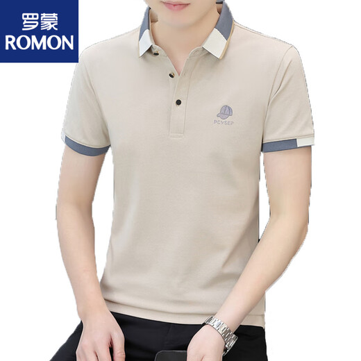 罗蒙（ROMON）翻领刺绣polo衫3D凹凸帽夏季纯棉短袖t恤男装商务休闲绣花衫 杏色724款 SP翻领 M 85-110斤
