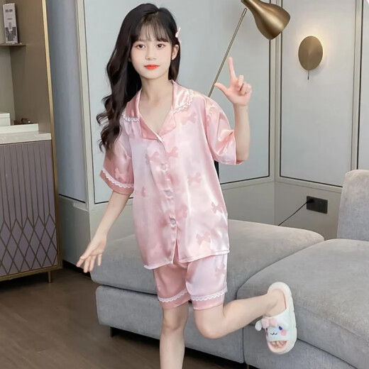 莫代尔女童冰丝睡衣夏季2024新款儿童短袖家居服女孩中大童空调服两件套 854 粉色 短袖翻领蝴蝶结九分 140 cm 建议身高130-140cm8-9岁