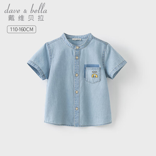 DAVE&BELLA medium and large children's denim shirt summer new style boys short-sleeved thin shirt casual children's top little boy clothes denim blue ready stock 120 cm (recommended height 110-120cm)
