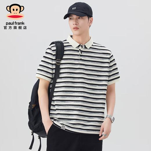 大嘴猴（paul frank）美式潮牌条纹翻领短袖POLO衫男夏季薄款宽松休闲百搭男装打底体恤 黑蓝色693D【官方正品】 M 【建议105-120斤】