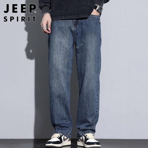 JEEP SPIRIT Jeep jeans men's autumn and winter loose straight pants men's American casual trousers nostalgic blue 33