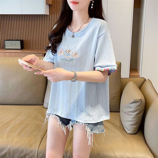 AEMAPE夏装女装刺绣白色短袖T恤女2025新款夏季小个子上衣夏天衣服 KM9277-杏色 XL 建议125-140斤