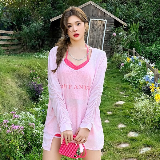 铂呐苓泳衣女 2025长袖罩衫分体三件套泳衣甜美少女沙滩温泉度假泳装 分体泳衣三件套【粉色均码】