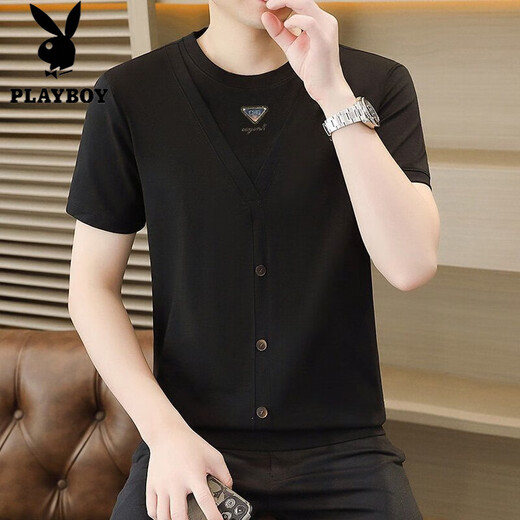 Playboy (Playboy) Summer NUEVA falsa camiseta de dos piezas 2025 Camiseta de manga corta Men a moda de moda transpirable a media manga de media manga Q6623 White XL [115-130Jin [Jin equivale a 0.5 kg]]]