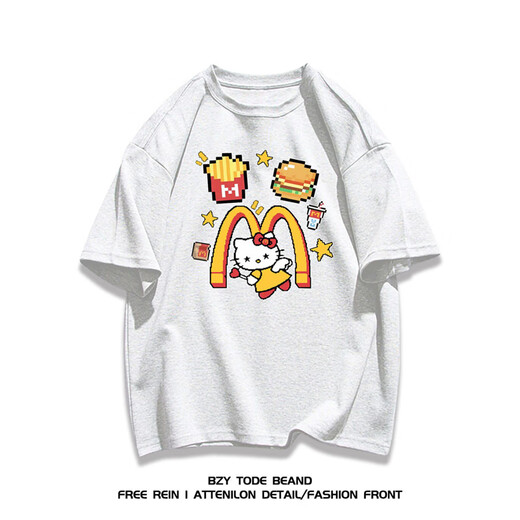 NUKM重磅棉质美式潮牌卡通hellokitty短袖T恤男女夏季休闲时尚上衣ins 纯棉1416薯条凯丽猫白色 M