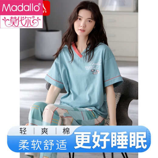 Modal pijama de algodón puro para mujeres en verano delgados pantalones de manga corta ropa casera casual 2025 nuevo traje cyan yd7374 l (165)