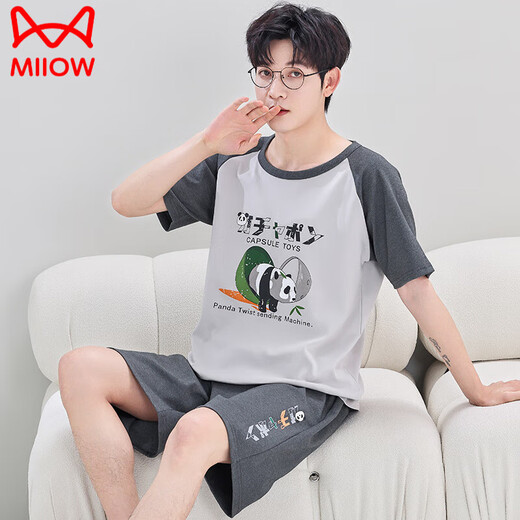 猫人（MiiOW）男士睡衣夏季纯.棉短袖短裤套装薄款韩版休闲大学生卡通家居服男 Q短袖男1396小白 M 少年(60-78斤)