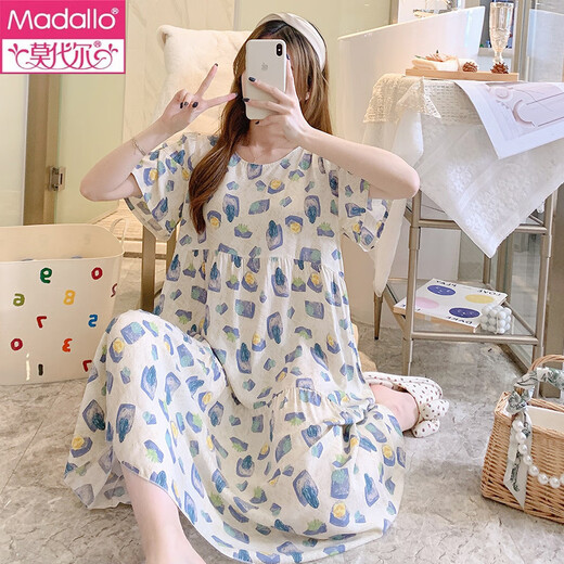 莫代尔棉绸睡裙女春秋夏季薄款睡衣家居裙感甜美休闲短袖绵绸裙大码 1695松石绿花朵 均码 (适合90-150斤)