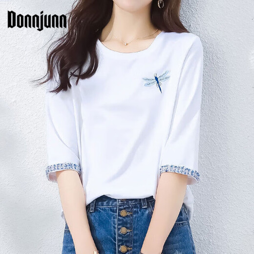 Donnjunn2025 Neuer Frühling und Herbst reines Baumwoll-T-Shirt für das 700-viertel-Hülsen für Frauen mit mittlerem Ärgernis für Frauen kurzärmeliges Sommer-Top W6172 ICE Blue Mid-Ärmeln M (Empfohlen 80-105jin [Jin gleich 0,5 kg]))