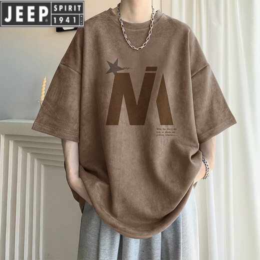 JEEP SPIRIT杏色短袖t恤男士夏季薄款潮牌宽松休闲半袖男生圆领五分T恤衣服 5012杏色 M 90-110斤可穿