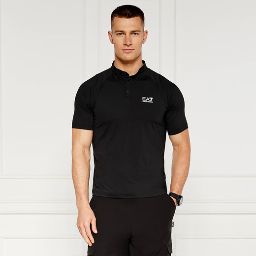 Armani (ARMANI) men's nylon EA7 printed slim stretch henley collar short-sleeved stand-collar polo shirt Father's Day 6DPT16 black 3XL