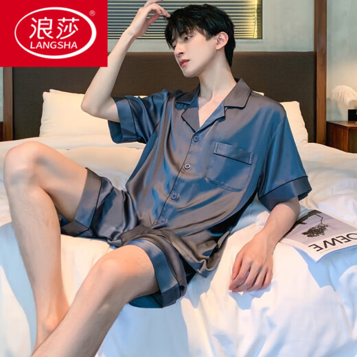 Langsha Pyjamas Herren Sommereiseis Seiden kurzärmelige dünne Sommerschwarz-Imitation Seidensommer-Sommer-Stil kann außerhalb von Heimbekleidungsanzug getragen werden