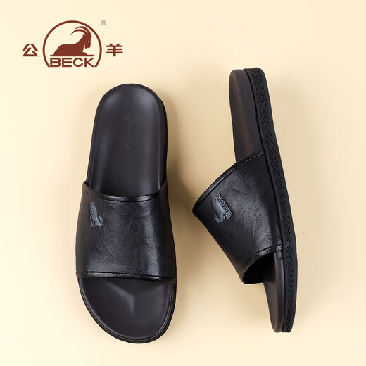 公羊一字拖鞋男高端夏季新款外穿真皮软皮软底男士凉拖 黑色  40 