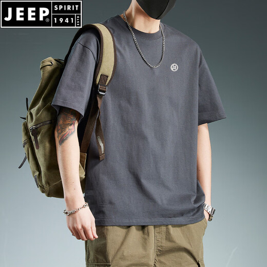 JEEP SPIRIT summer 250g heavy short-sleeved T-shirt for men high-sealed embroidery trendy American half-sleeved men loose large-size round neck T-shirt white cotton short-sleeved-1365 S