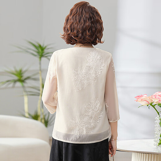 
Yu Zhaolin (YUZHAOLIN) Mother's Day Gift Mom Summer Clothing New Chinese Style Set of Pride Lady New Middle-aged and Elderly Top Chiffon Shirt 829 Beige Top XL Recommended 105 Jin [Jin equals 0.5 kg] or less