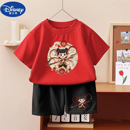 Disney Cotton Kurzärmel-Shorts Kinderanzug Nezha 2025 Sommer neuer Stil Herren- und Mädchen Sommer-T-Shirts mittel- und großer Kinderkleidung 1092# Ruck Pack T Wine Red + 1098# Black Shorts 100