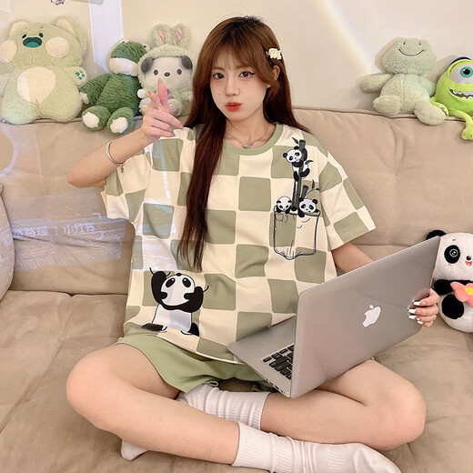 Xushansi Frauen-Pyjamas Sommer kurzärmelig 2025 Neues süßer dünner Sommer-Plus-Size-Hals-Kleidungsstück 679 Grüne Dinosaurier M Empfohlen 80-90jin [Jin ist 0,5 kg]