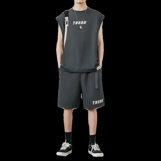 Jeep Spirit-Anzug Herren Waffel Casual Summer Trend atmungsaktive ärmellose Weste Lose T-Shirt Sport Fünf-Punkte-Shorts grau