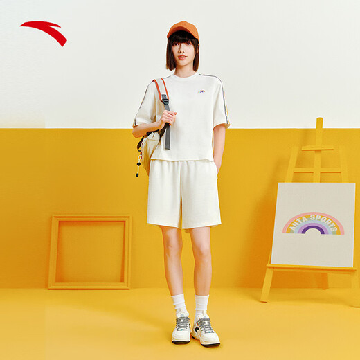 Anta Rainbow Sports Sports Summer de manga corta para mujeres pantalones cortos redondos de cuello