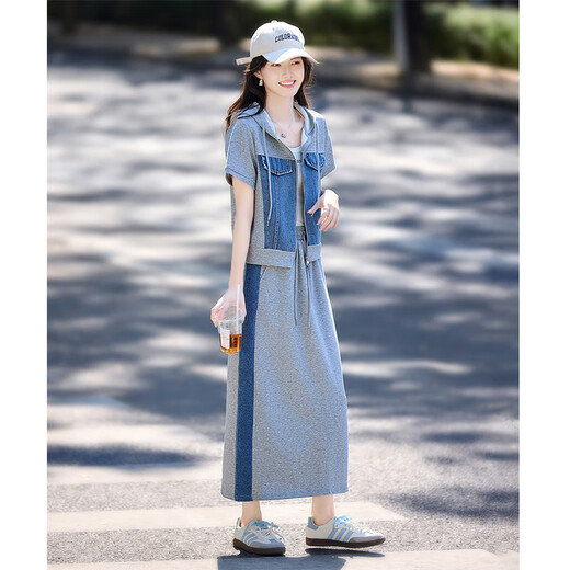 Shangjing Casual Cost for Women the Summer New Women's Denim Splicing Hooded Sweat-Sweat à manches à manches pantalons larges en deux pièces pour femmes