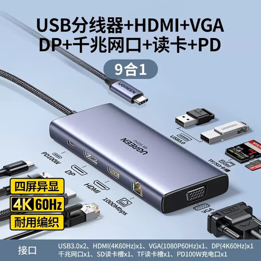 Green Network (UGREEN) TYPEC ACCORT Station de docking Thunderbolt 4pd Interface HDmivga Business Office MacBook adapté au 9 en 1 [Affichage spécial à quatre écrans 4k60] 15602
