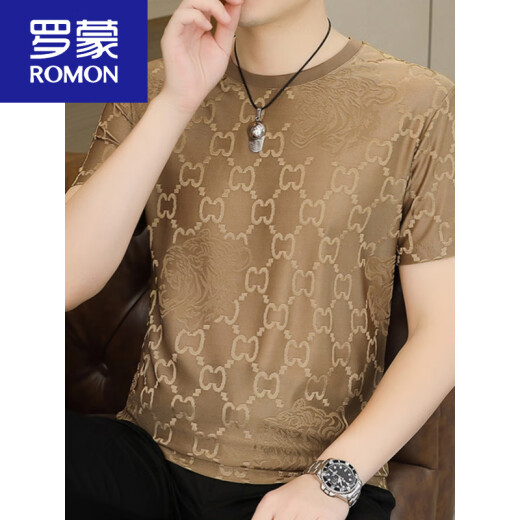 罗蒙（ROMON）冰丝凉感透气短袖t恤男夏季2025新款潮牌欧货男装半袖上衣服新品 Q6627卡其 L 约115-135斤可穿