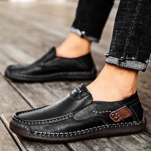 
GY Jinlilai men's casual leather shoes autumn leather one-foot lazy business casual soft leather soft sole bean shoes black [9916 four-season model] 38