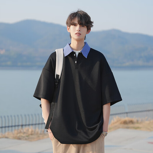 Foss Phil秋季男装短袖假两件拼接格子亨利领男宽松上衣POLO衫男士 JCDM-T5125藏青色 4XL